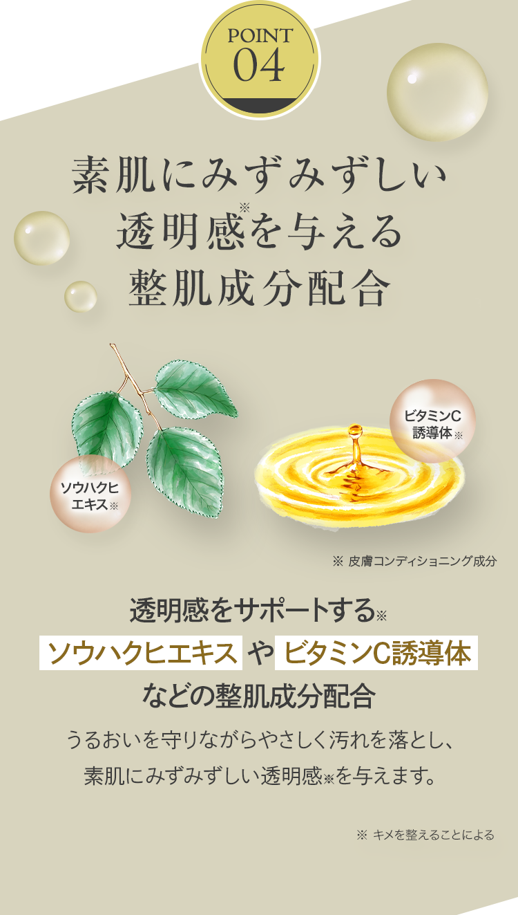 POINT 04
素肌にみずみずしい透明感を与える美容液成分配合